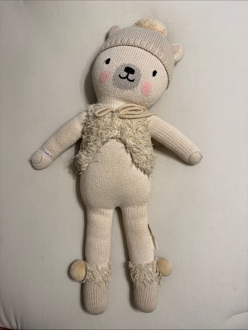 Cuddle + Kind Plush Knit Bear Toy in Cream with Pom-Pom Hat